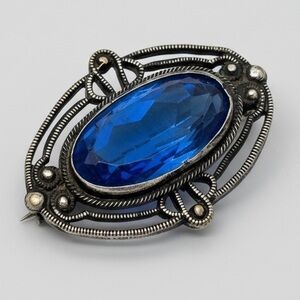 Antique Czech Blue Glass Brooch Openwork Filigree Art Deco Victorian c1900